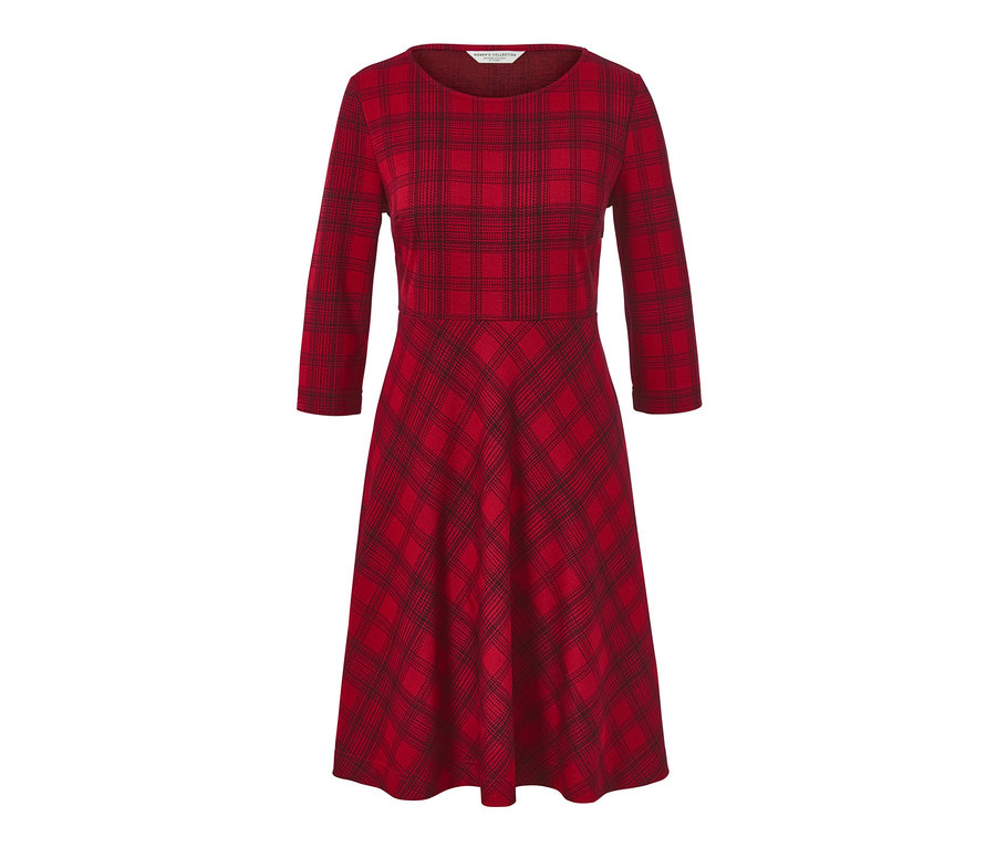 Egy piros kockás jacquard ruha háromnegyedes ujjakkal.