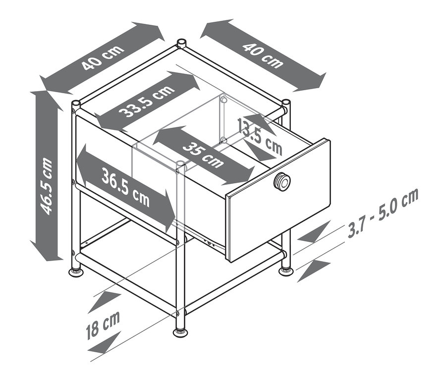 A kék, 1 fiókos fém éjjeliszekrény méretei.