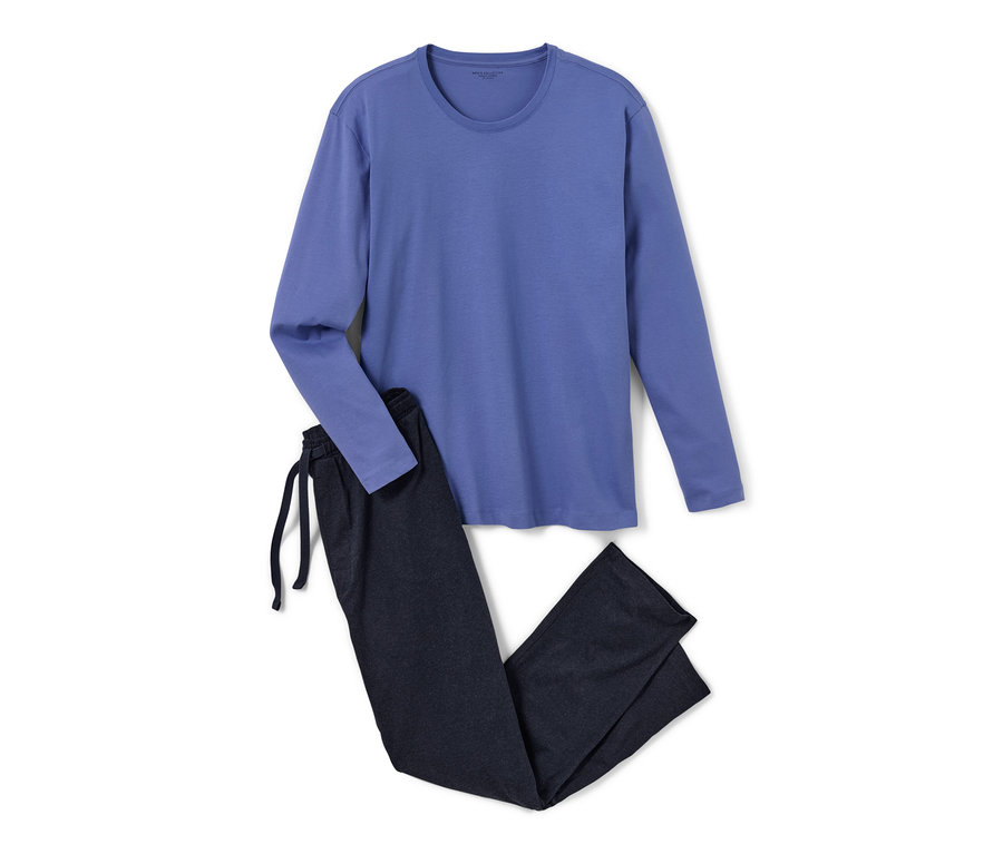 Kék-sötétkék, hosszú ujjú pizsama nadrággal.