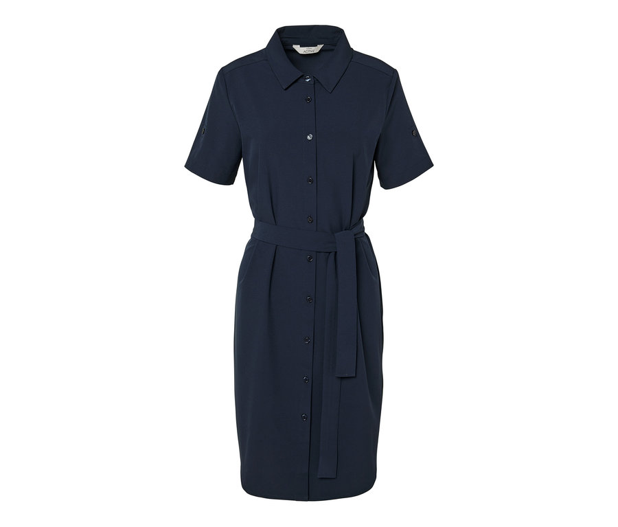 Sötétkék, rövid ujjú funkcionális ruha övvel.