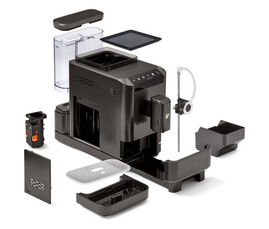 Szétszerelt »Esperto 2 Milk« Granite Black kávéfőző.