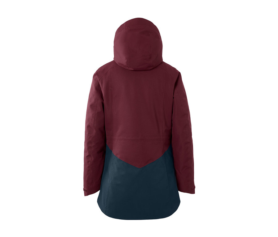Hátulnézet egy női bordó/sötétkék sí- és snowboardkabátról.