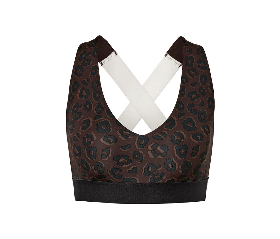 Barna-fekete női sportmelltartó.