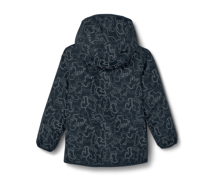 Hátulnézet egy sötétkék, fényvisszaverő elemekkel ellátott gyermek termo esőkabátról, kapucnival és állatmintával.