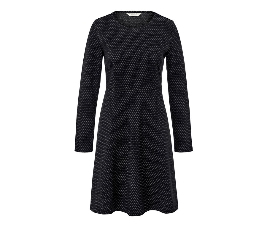 Egy fekete, csillogó jacquard ruha látható.