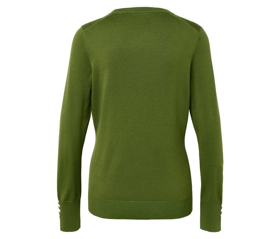 Egy olívazöld, hosszú ujjú pulóver hátulnézete.