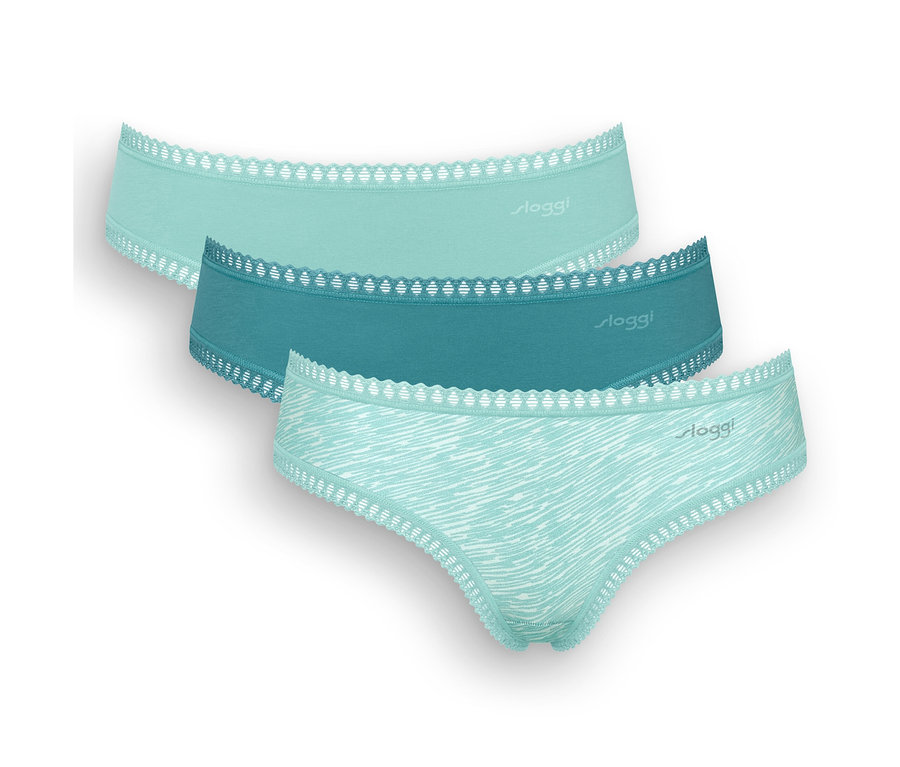 Három különböző színű Sloggi Go Crush hipster alsó, türkiz.