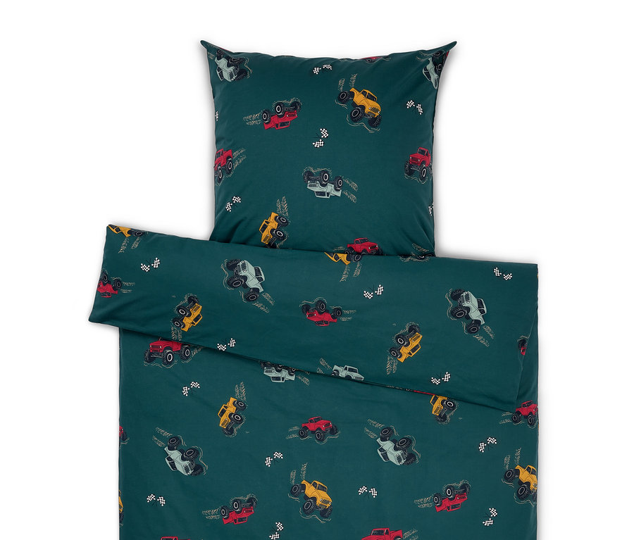 Zöld ágynemű autó mintával.