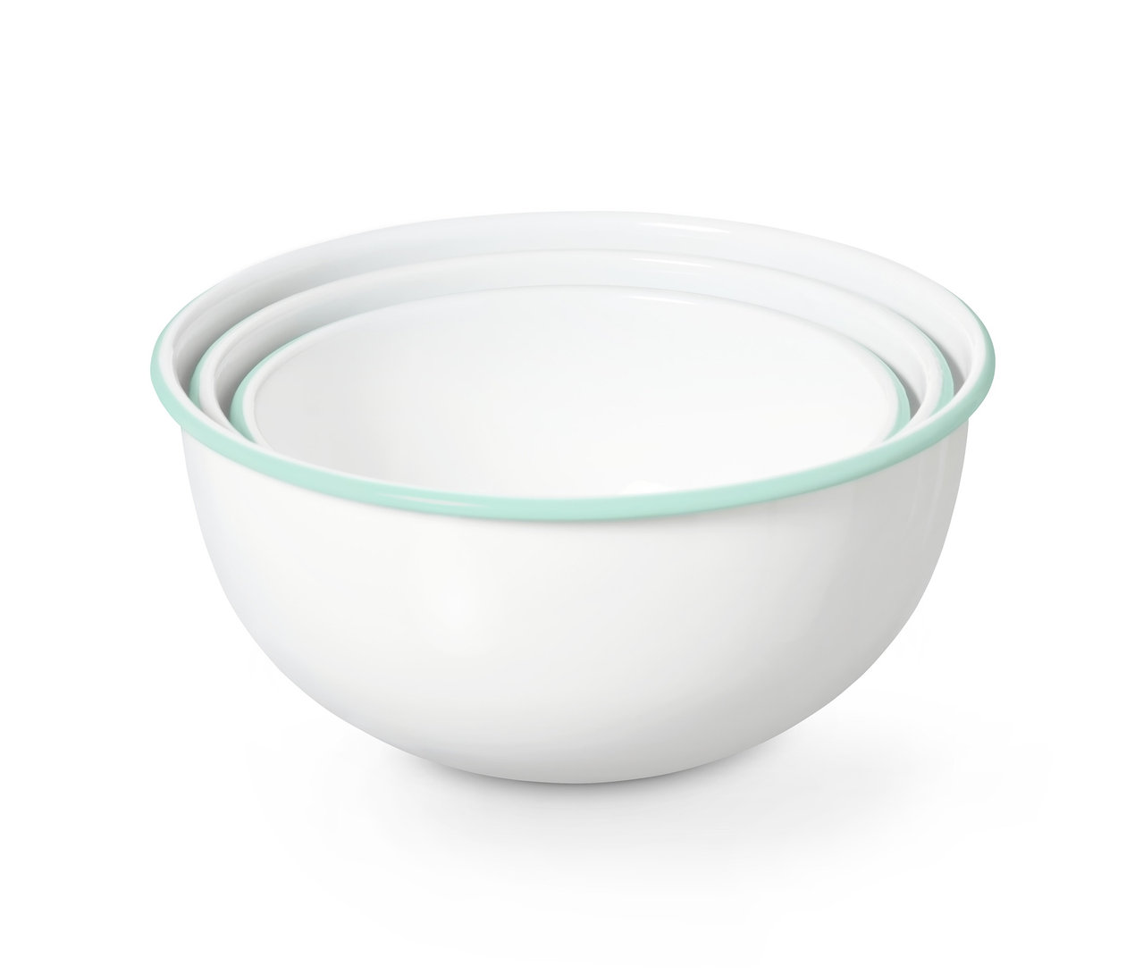 Három fehér zománcozott tál szettben, fedéllel.