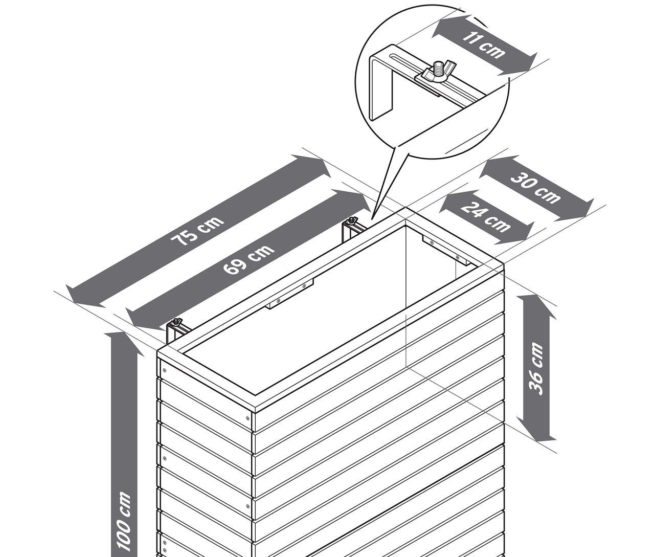Egy fa virágláda rajza a következő méretekkel: 100 cm magas, 75 cm széles és 30 cm mély.