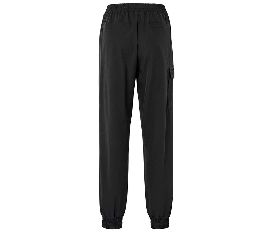 Fekete színű szabadidőnadrág, gumis derékrésszel és egy cargo zsebbel, hátulnézetből.