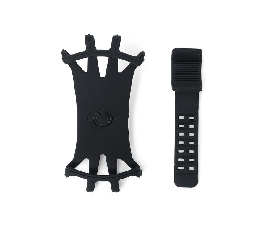 Fekete okostelefon-tartó kerékpárhoz és egy szalag fehér háttéren.