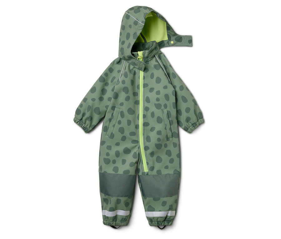 Zöld, kapucnis overall sötétzöld foltokkal és neonzöld cipzárral, fehér háttérrel.