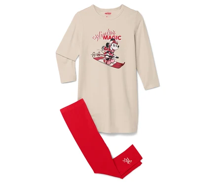 Bézs hosszú ujjú hálóing és piros leggings Minnie egér mintával.