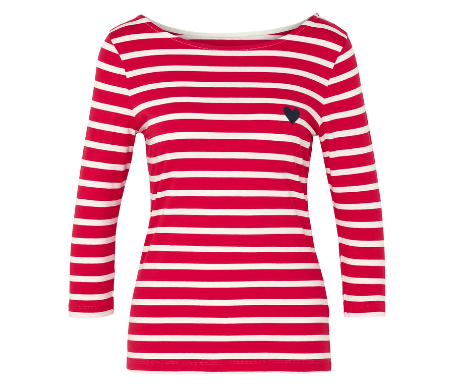 Piros-fehér csíkos, hosszú ujjú felső kis fekete szívvel.