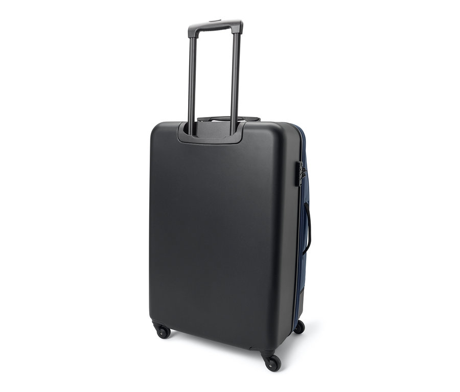 Fekete hibrid bőrönd, nagy méretű, teleszkópos fogantyúval.