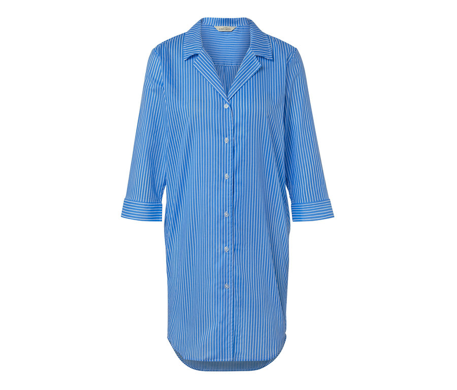 Kék-fehér csíkos, gombos női hálóing.