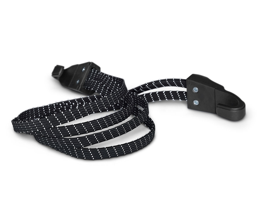 Fekete heveder fehér pöttyökkel és fekete műanyag csatokkal fehér háttéren.