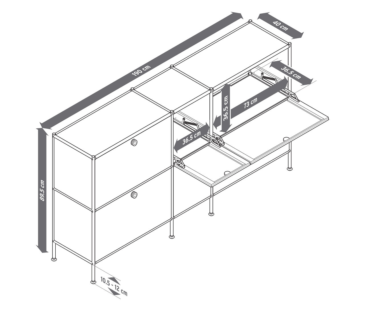 Ábra egy nagyméretű »CN3« fém szekrényről hat lenyíló ajtóval, melyből az egyik nyitva van, láthatók a bútor méretei.