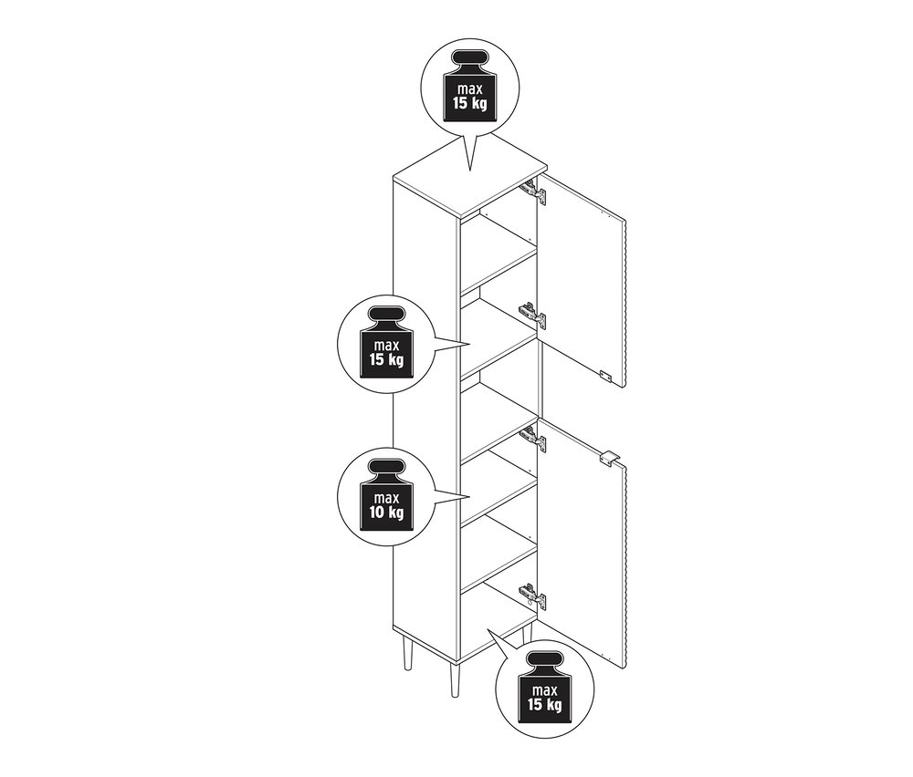 Egy »SONARI« fürdőszobai magasszekrény vázlata nyitott ajtókkal, a maximális súlyterhelést mutatja.