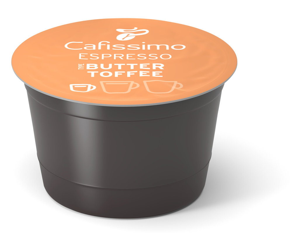 Egyetlen Cafissimo Flavoured Espresso - Buttertoffee kapszula fehér háttérrel.