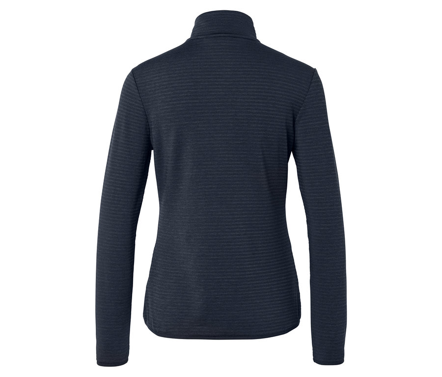 Hátulnézet egy sötétkék, hosszú ujjú, állógalléros polár pulóverről.