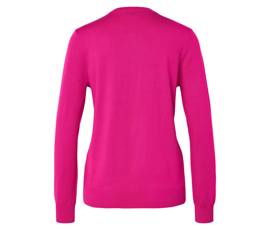 Egy rózsaszín, hosszú ujjú pulóver hátulnézete.