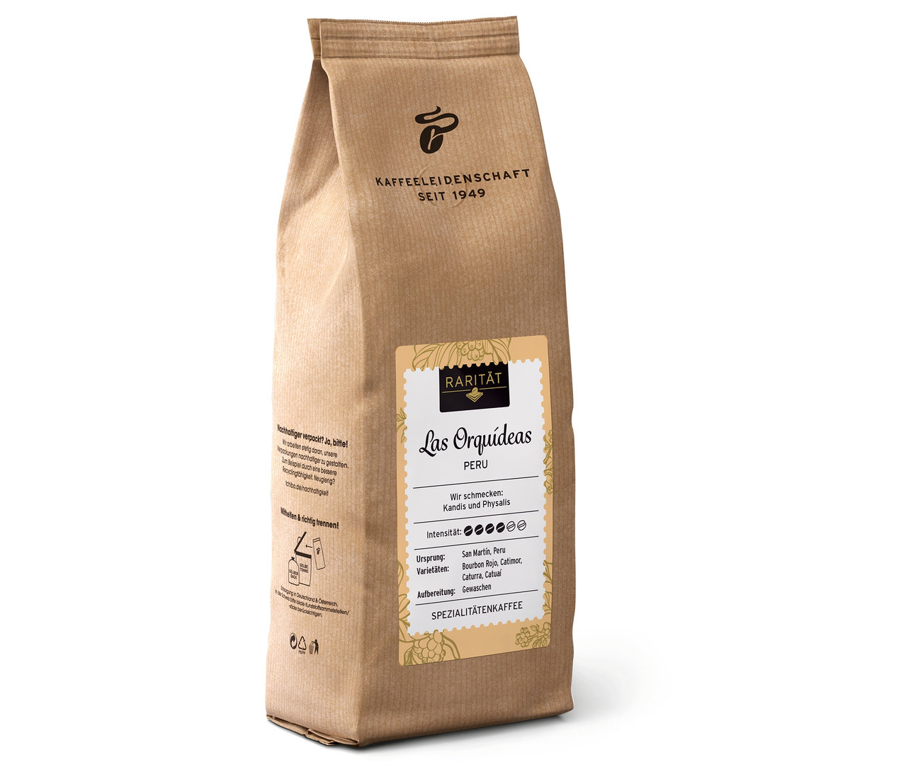 Egy álló Rarität »Las Orquídeas Peru« Ganze Bohne kávébab csomag. A címkén információk találhatók a kávé eredetéről, ízéről és intenzitásáról.