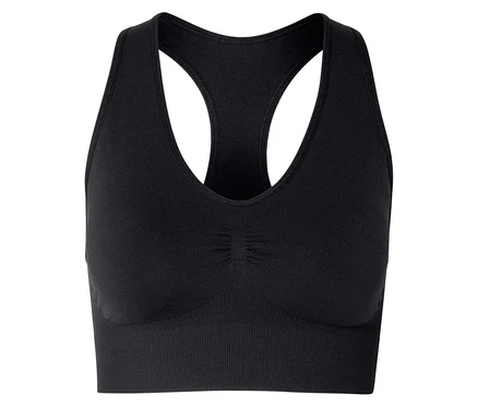 Fekete sportmelltartó racerback dizájnnal és bordázott alsó pánttal.