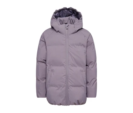 Mályvaszínű hummel® »HMLJR All Weather Puffer Jacket« kapucnis pufidzseki cipzárral és zsebekkel.