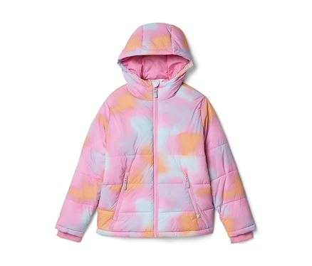 Kapucnis gyerek pufidzseki, színes tie-dye mintával rózsaszín, világoskék, narancssárga és lila árnyalatokban, rózsaszín cipzárral.