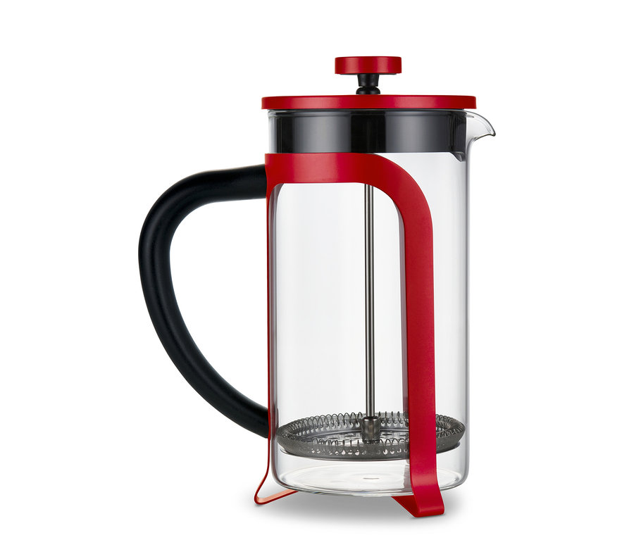 Egy piros, 800 ml-es, 6 csészés dugattyús kávéfőző.