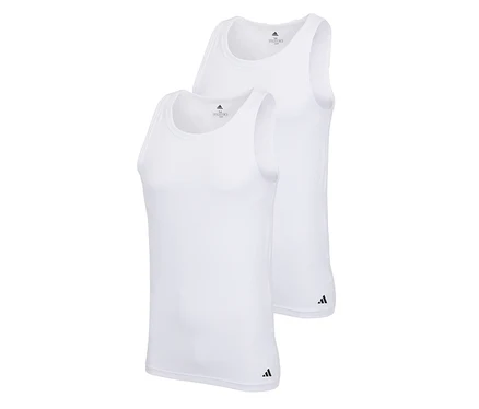 Két fehér adidas Active Flex trikó, az egyik kissé a másik előtt helyezkedik el. Mindkettő kerek nyakú, széles pántokkal és egy kis fekete adidas logóval az alsó szegélyén.