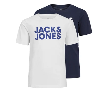 Két Jack&Jones céges logós póló, egy fehér kék logóval és egy sötétkék, egymásra helyezve.