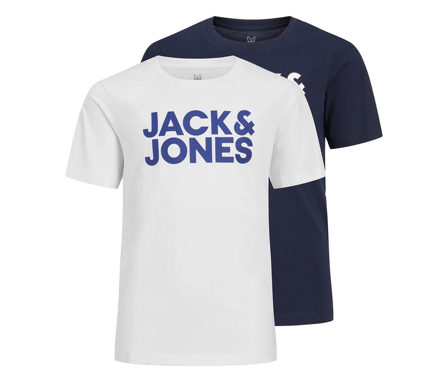 Két Jack&Jones céges logós póló, egy fehér kék logóval és egy sötétkék, egymásra helyezve.