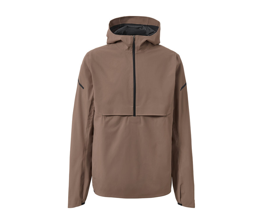 Barna, kapucnis, cipzáros férfi funkcionális esőkabát.