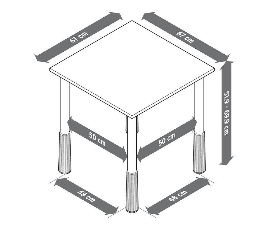 Állítható magasságú gyermekasztal illusztrációja méretekkel feltüntetve.