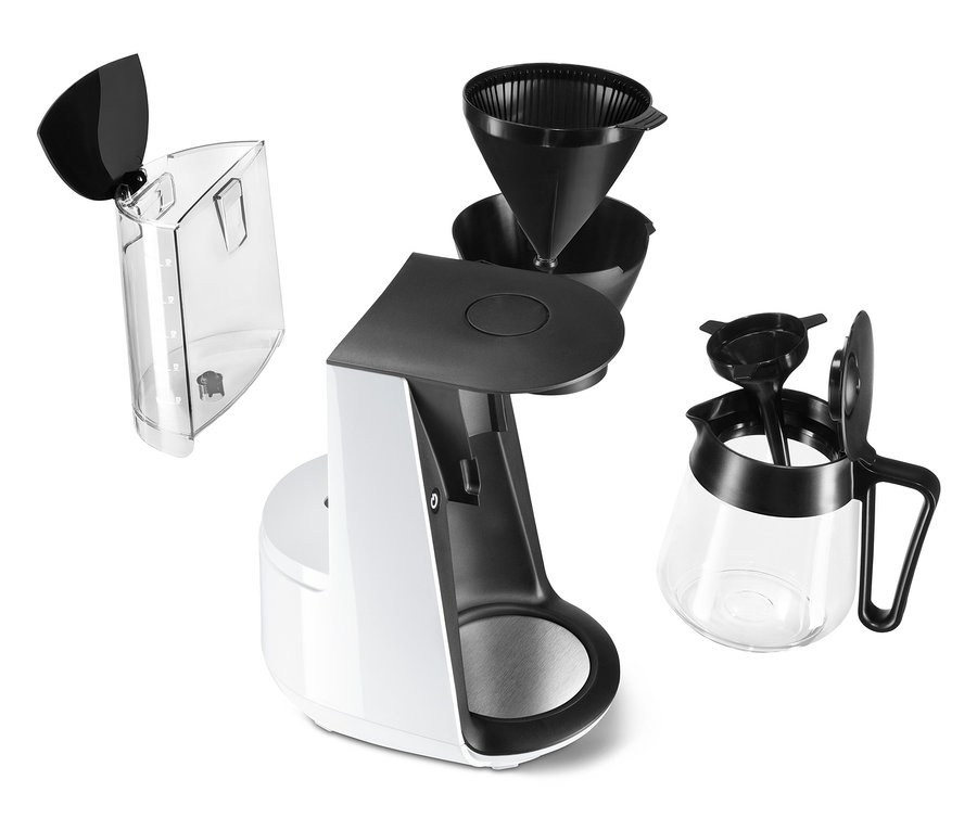 Fehér »Let's Brew« filteres kávéfőző, levehető alkatrészekkel.