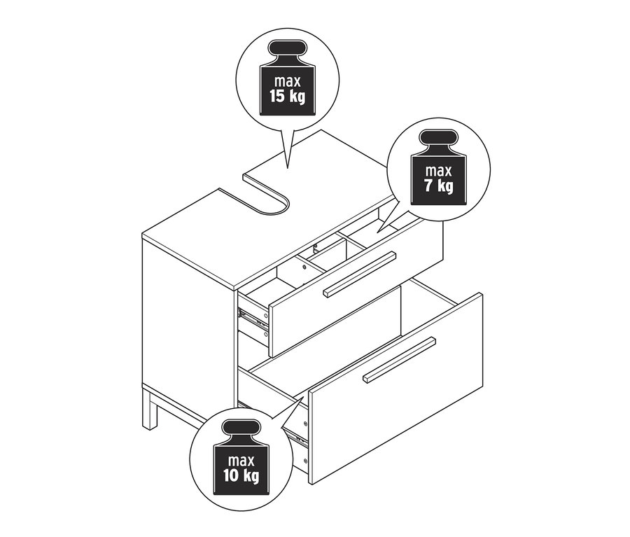 Egy világosszürke mosdó alatti szekrény látható 2 fiókkal, melyek közül az egyik nyitva van.
