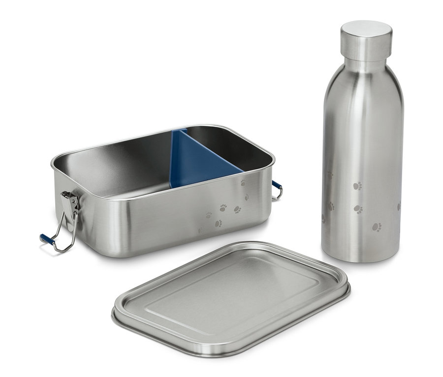 Egy nemesacél ételhordó doboz kék rekesszel és egy kulacs.