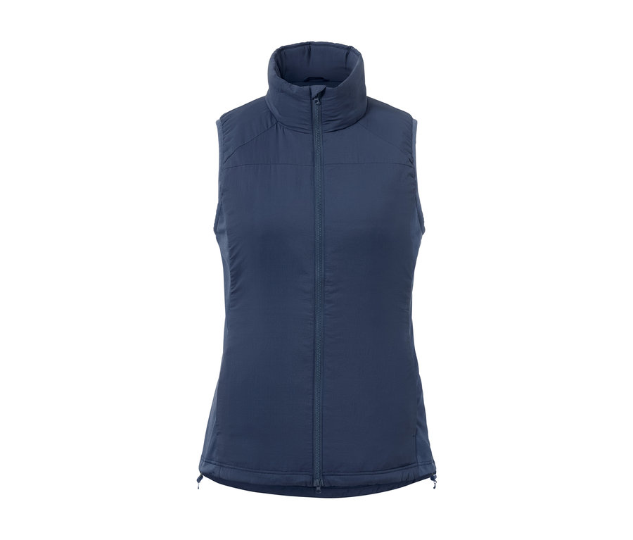 Egy kék, hibrid »pack light« mellény középen cipzárral.