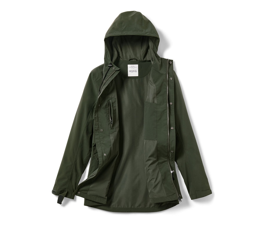 Zöld funkcionális parka kabát kapucnival és nyitott cipzárral.
