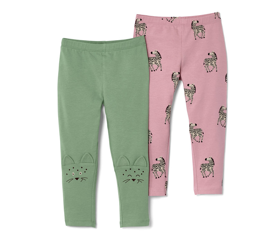 Két gyerek leggings: egy zöld macska motívummal a térdénél és egy rózsaszín zebra mintával.