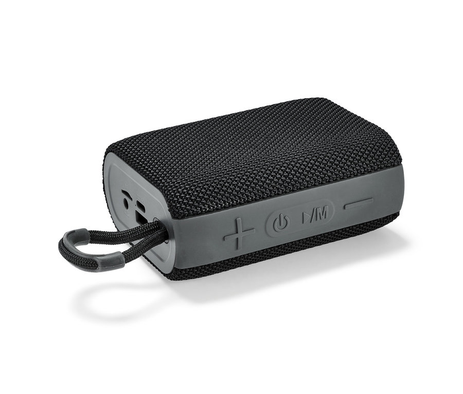 Fekete Bluetooth hangszóró zsinórral.