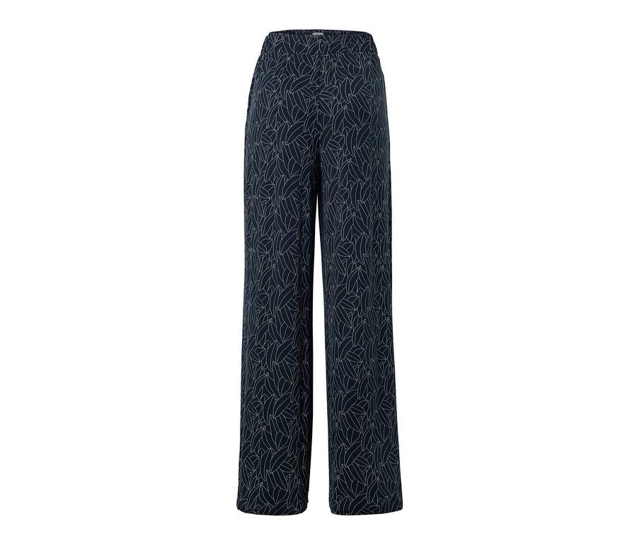 Sötétkék-krémfehér, nyomott mintás palazzo nadrág.