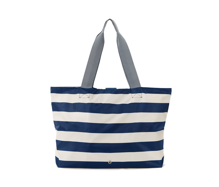 Csíkos, sötétkék/krémfehér női strandtáska.