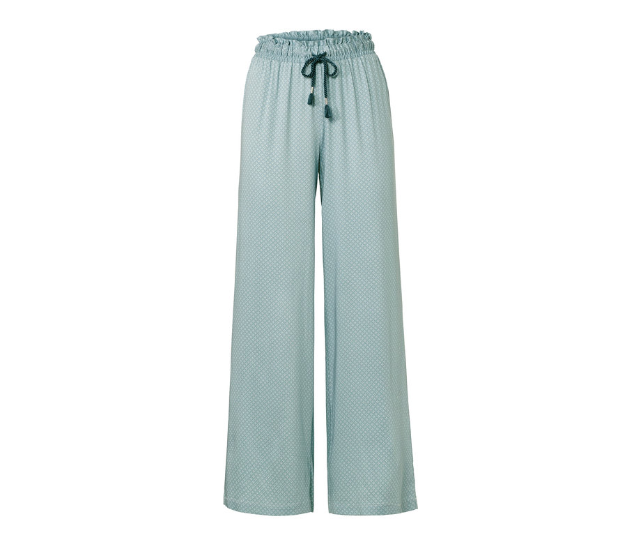 Zöldeskék női bőszárú szabadidőnadrág dekoratív zsinórral.