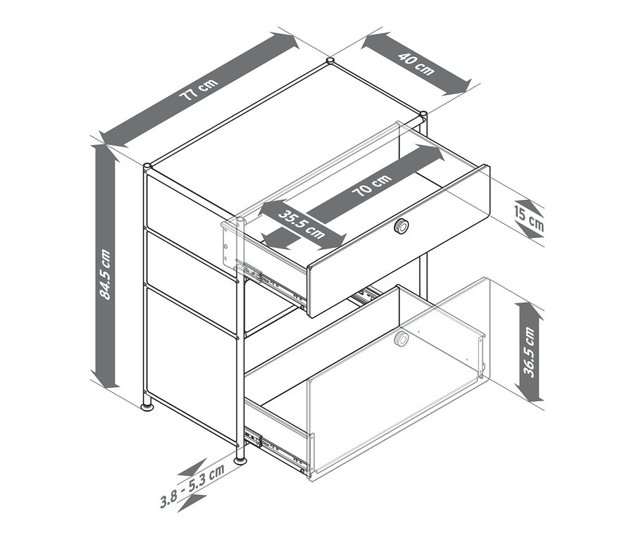 Ábra egy »CN3« fém komódról 3 fiókkal, méretekkel.