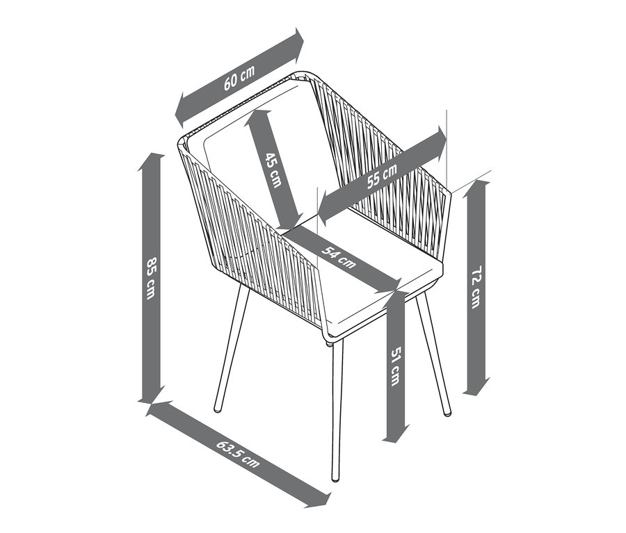 Textilhálós étkezőszék vázlatrajza a méretekkel.