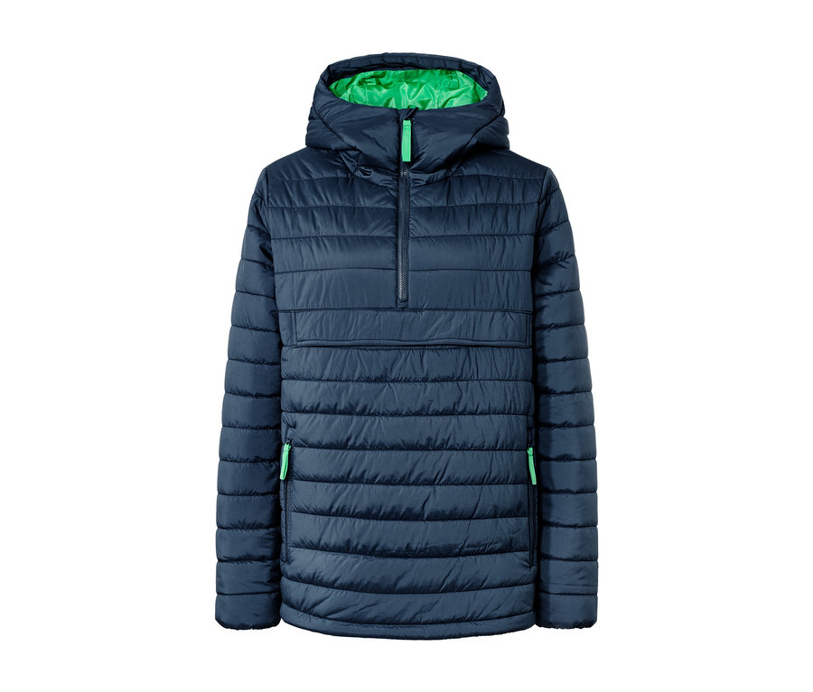 Sötétkék, félcipzáras, steppelt női dzseki kapucnival.